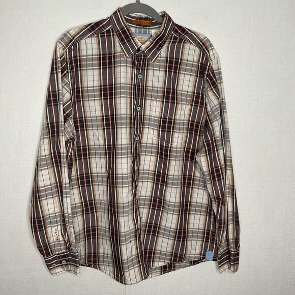 Tommy Bahama Jeans Men’s Large Button Up Long Sleeve Shirt Brown Plaid Cotton - Picture 4 of 12